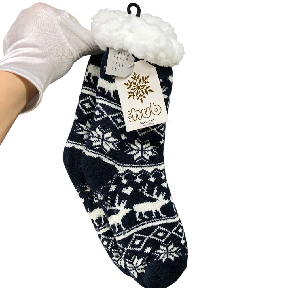 NWT Cozy Hub Non Skid Sherpa Lined Bootie 9-11 Womens Slipper Socks Blue Holiday